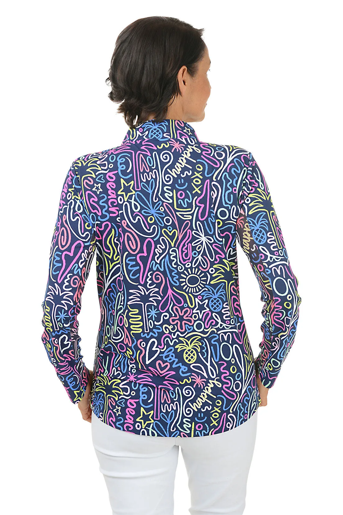 Navy Beach Drawings Cooling UPF50  Mock Neck Top