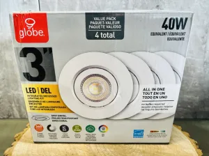 New Globe Electric 91125 3" Ultra Slim LED Integrated Recessed Lighting Kit 4-Pack, 6 Watts, Energy Star, IC Rated, Dimmable, Wet Rated, White Finish, 3.25" Hole Size, Bathroom Lights, Outdoor Lighting