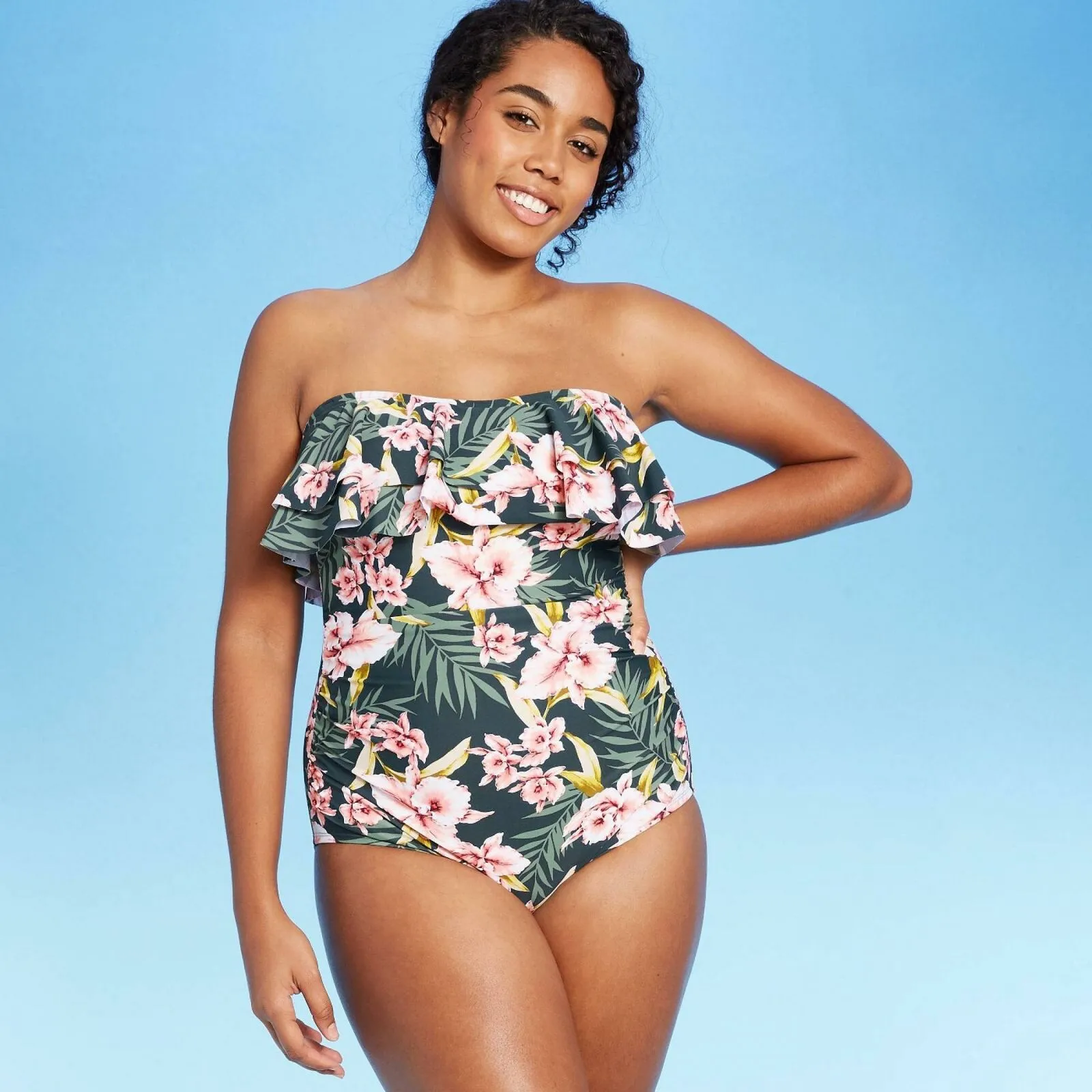 New Kona Sol Bandeau Flounce High Coverage One Piece Swimsuit. AFK67-Nostrap S