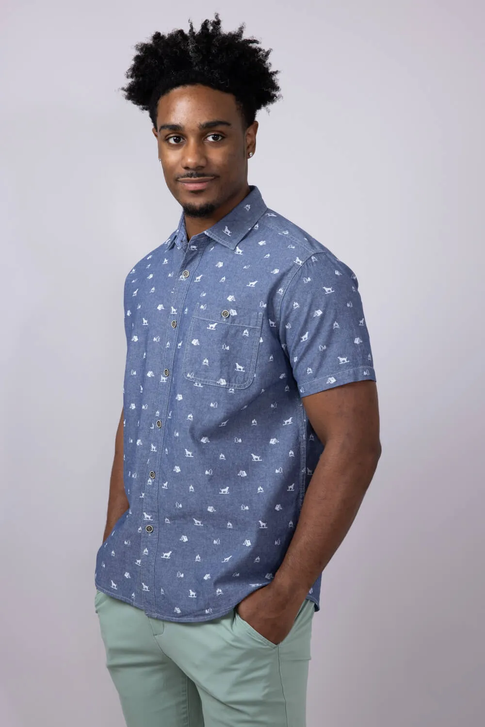 North River Chambray Camp Print Button Shirt for Men in Blue | NRM5341-HORIZON