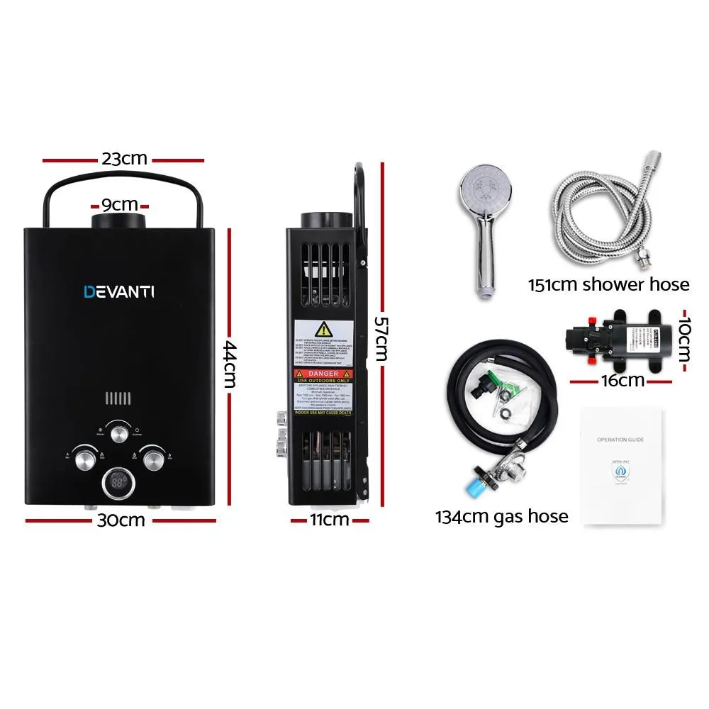 Outdoor Portable LPG Hot Water Heater with 12v Water Pump Black