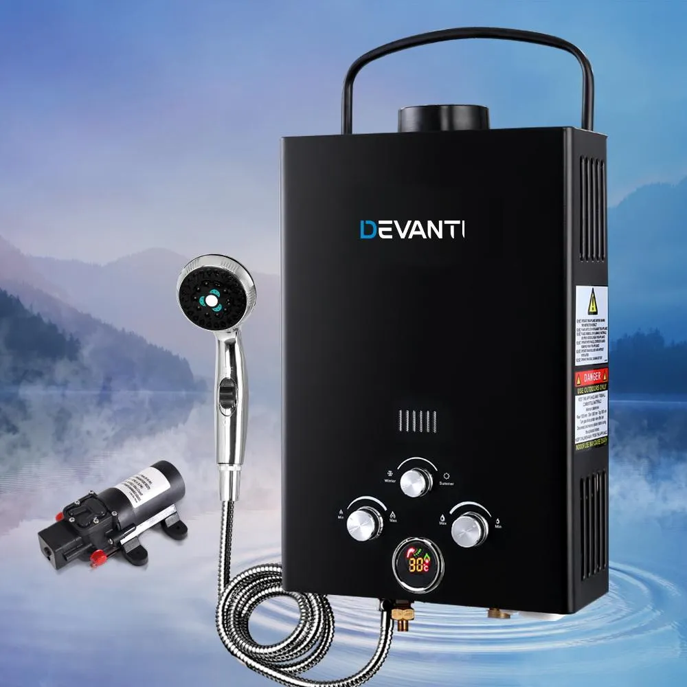 Outdoor Portable LPG Hot Water Heater with 12v Water Pump Black