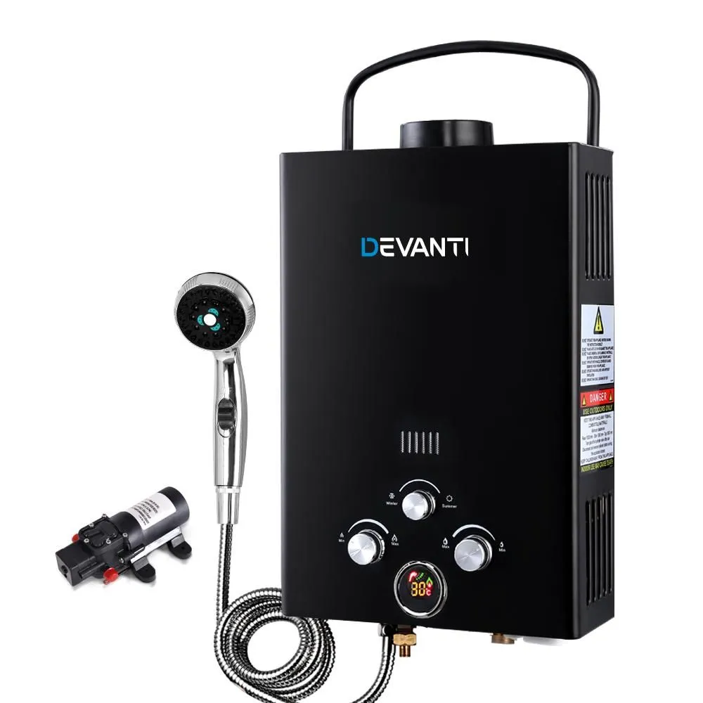 Outdoor Portable LPG Hot Water Heater with 12v Water Pump Black