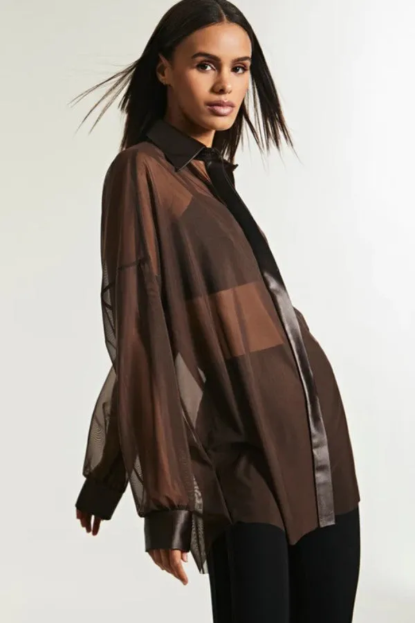 Oversized Mesh Boyfriend Button Front