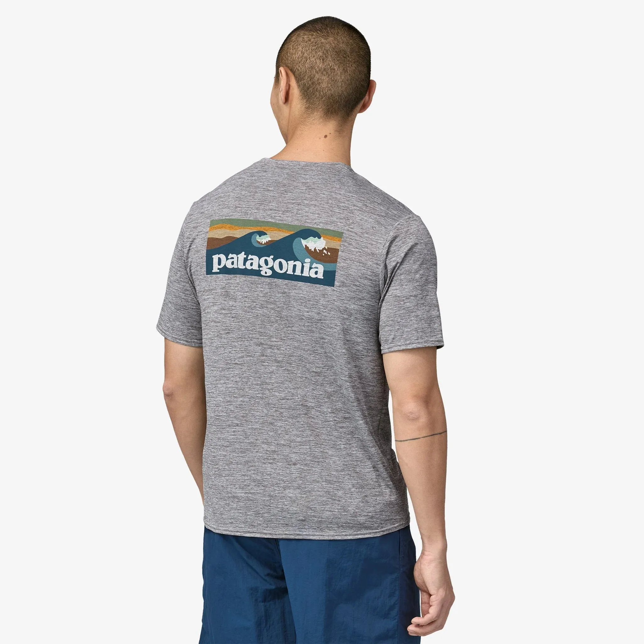 Patagonia Mens Capilene Cool Daily Graphic SS Tee - Waters - Boardshort Logo Abalone Blue:Feather Grey