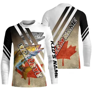 Personalized Walleye fishing Canadian flag patriotic  performance long sleeve fishing jerseys for Kid NQS7113