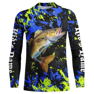 Personalized Walleye fishing green blue camo long sleeve Fishing Shirts for Kid NQS7107
