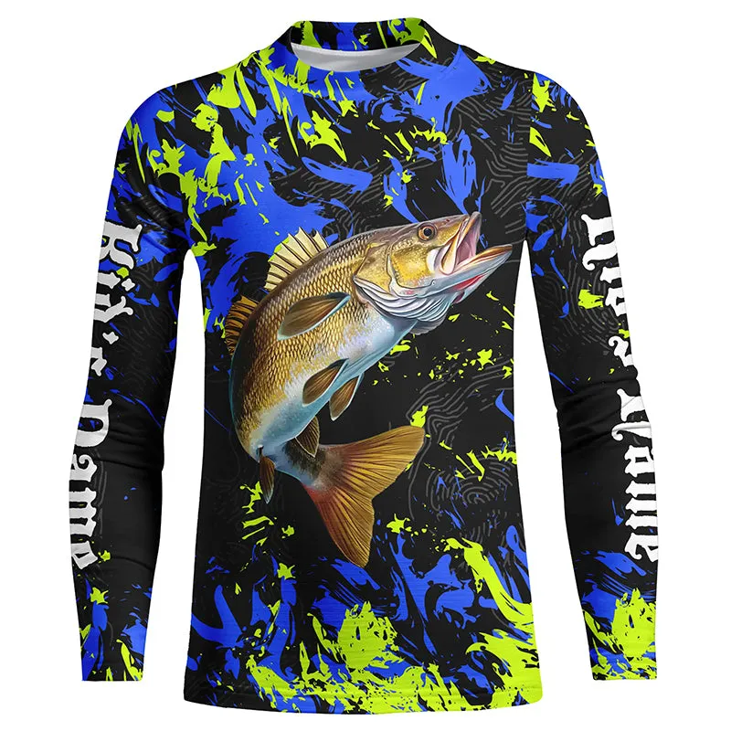 Personalized Walleye fishing green blue camo long sleeve Fishing Shirts for Kid NQS7107
