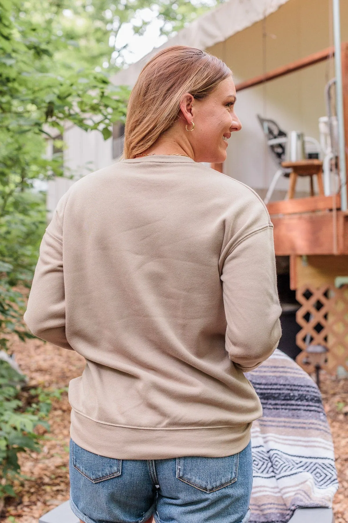 "Campfire Club" Graphic Crew Neck Pullover- Tan