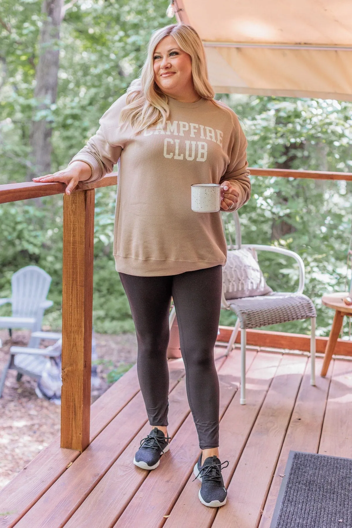 "Campfire Club" Graphic Crew Neck Pullover- Tan