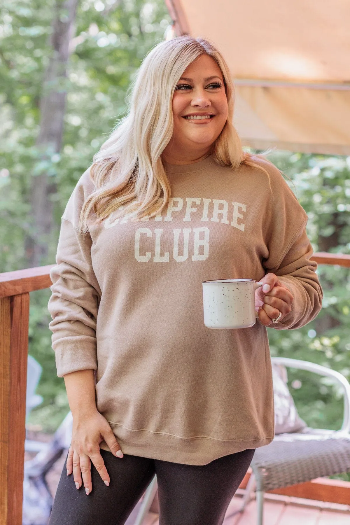 "Campfire Club" Graphic Crew Neck Pullover- Tan