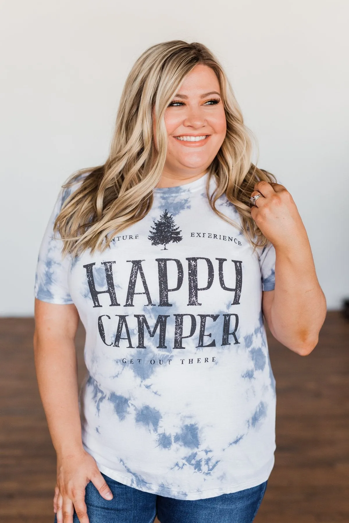 "Happy Camper" Tie Dye Graphic Tee- Navy & Ivory