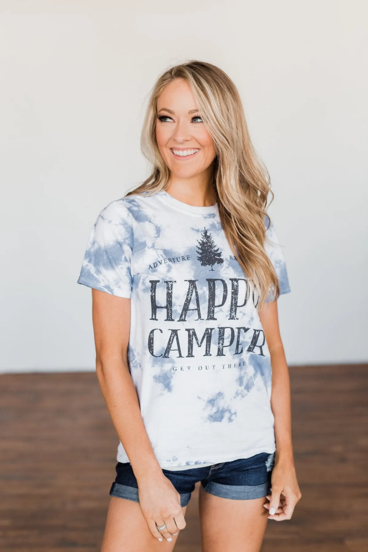 "Happy Camper" Tie Dye Graphic Tee- Navy & Ivory