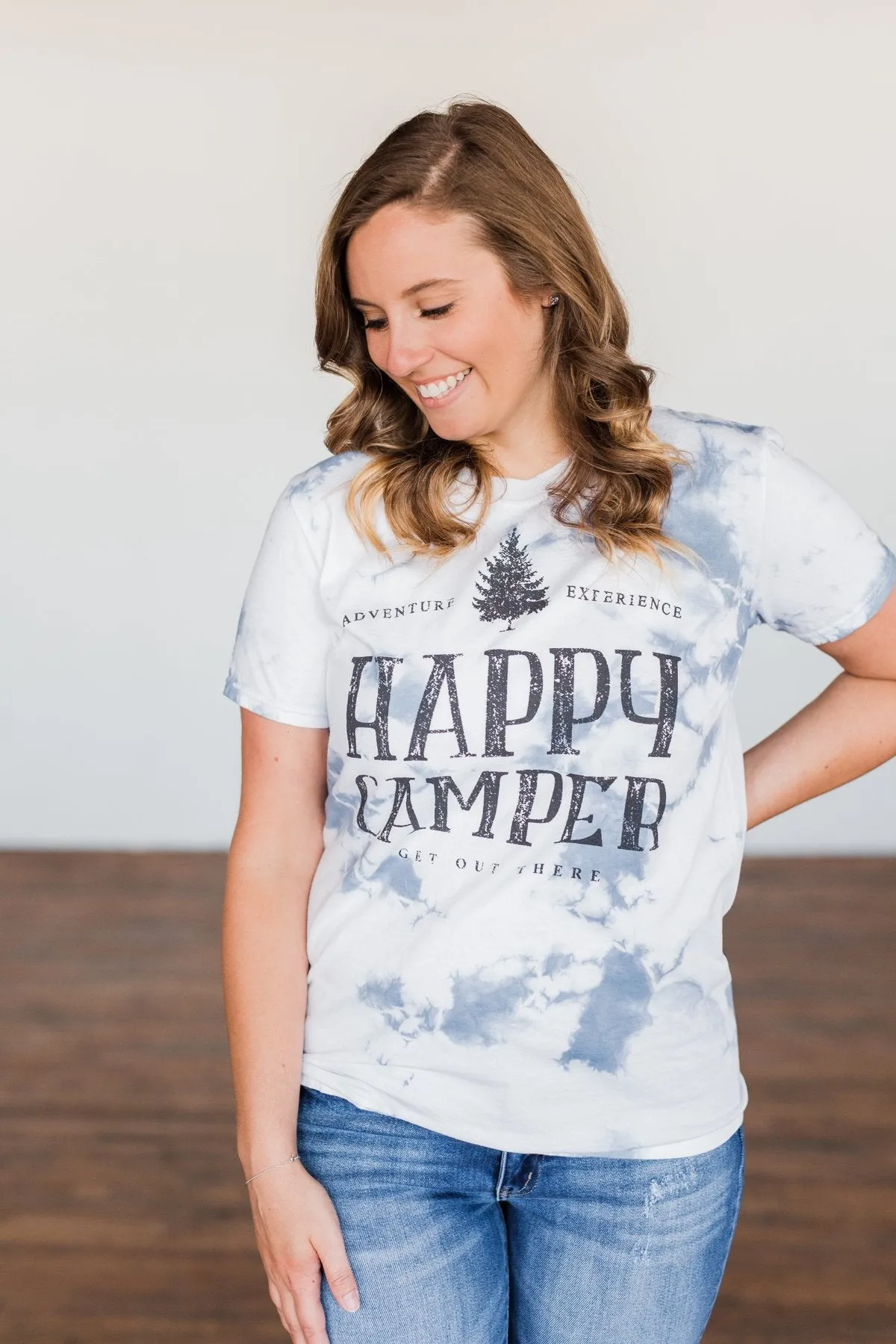 "Happy Camper" Tie Dye Graphic Tee- Navy & Ivory
