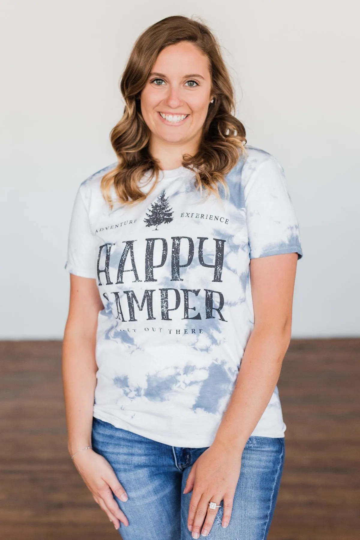 "Happy Camper" Tie Dye Graphic Tee- Navy & Ivory