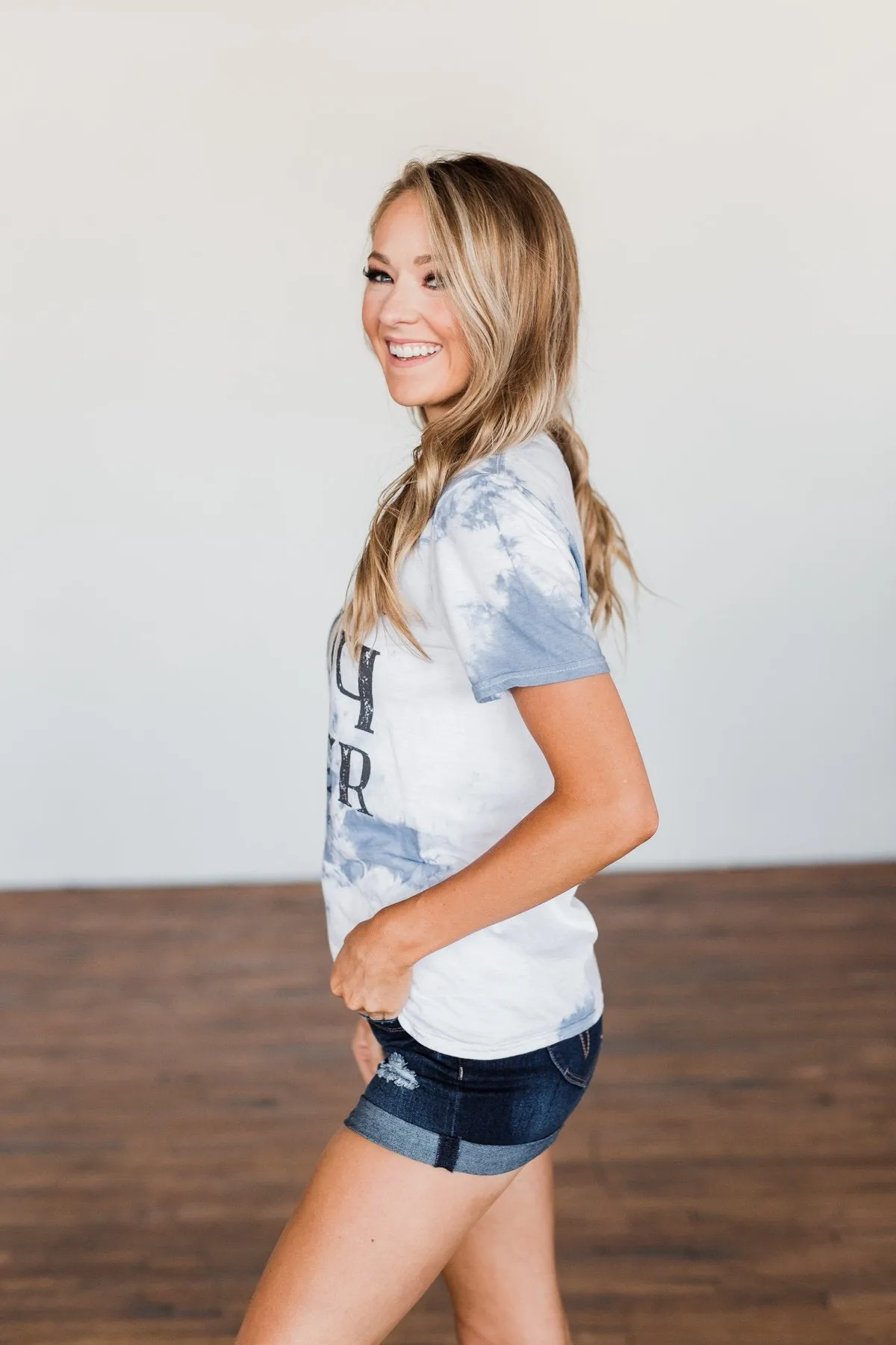 "Happy Camper" Tie Dye Graphic Tee- Navy & Ivory