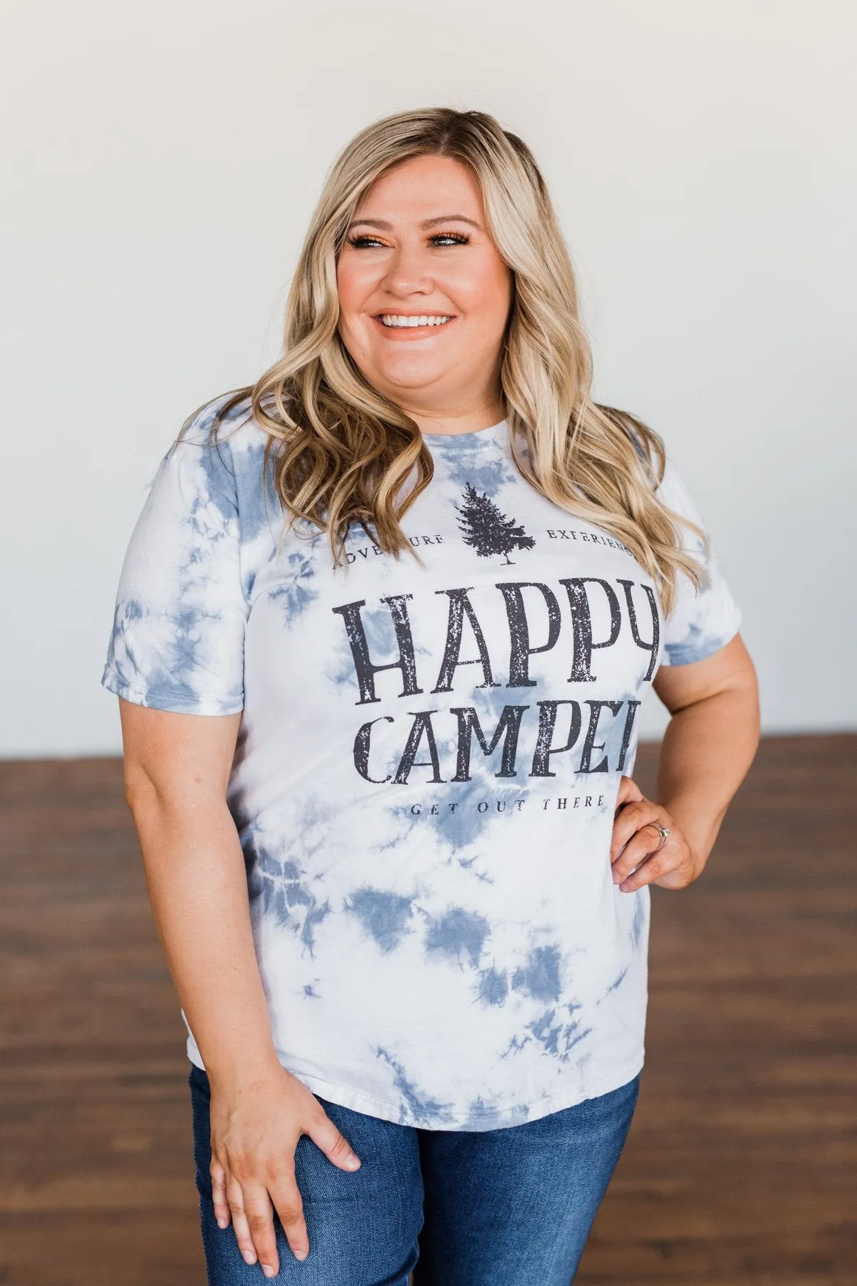 "Happy Camper" Tie Dye Graphic Tee- Navy & Ivory