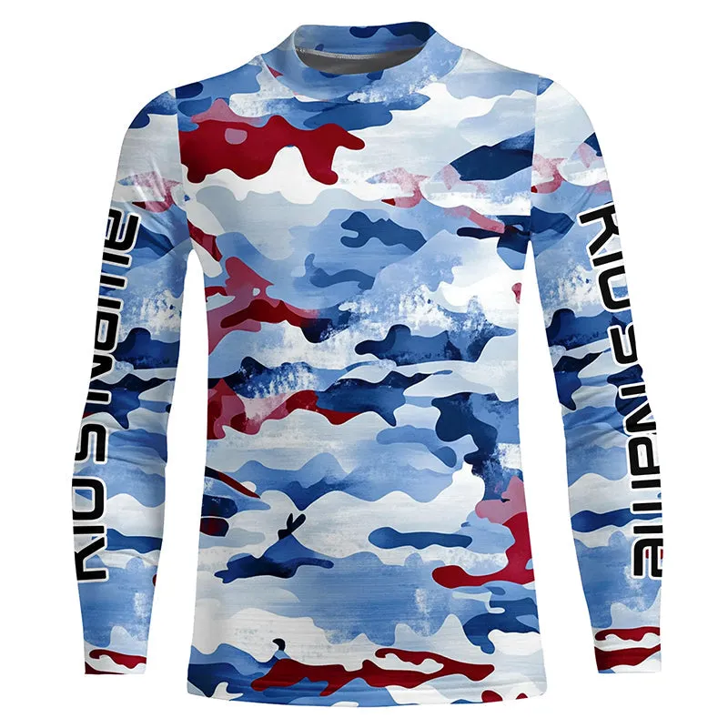 Red, White And Blue Camo Custom Patriotic Long Sleeve Fishing Shirts, Usa Fishing Jerseys IPHW7344