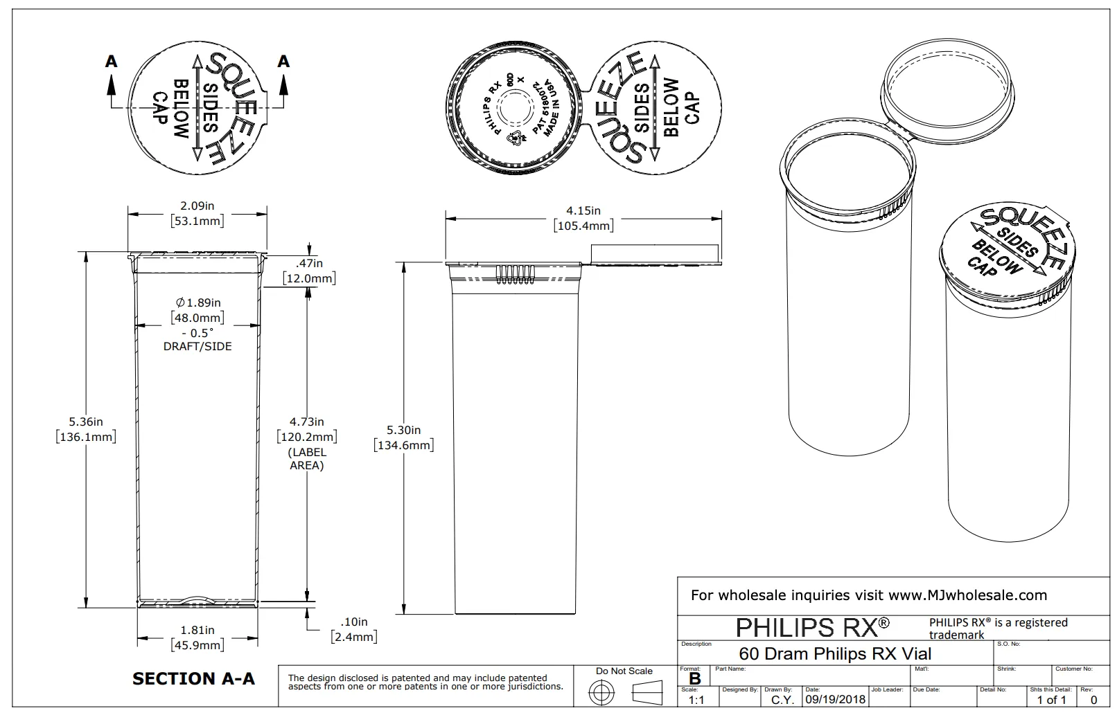 SAMPLE of Pop Top Vial - Philips 60 Dram - 1/2 Oz - Child Resistant - Black - Opaque - (1 Count SAMPLE)