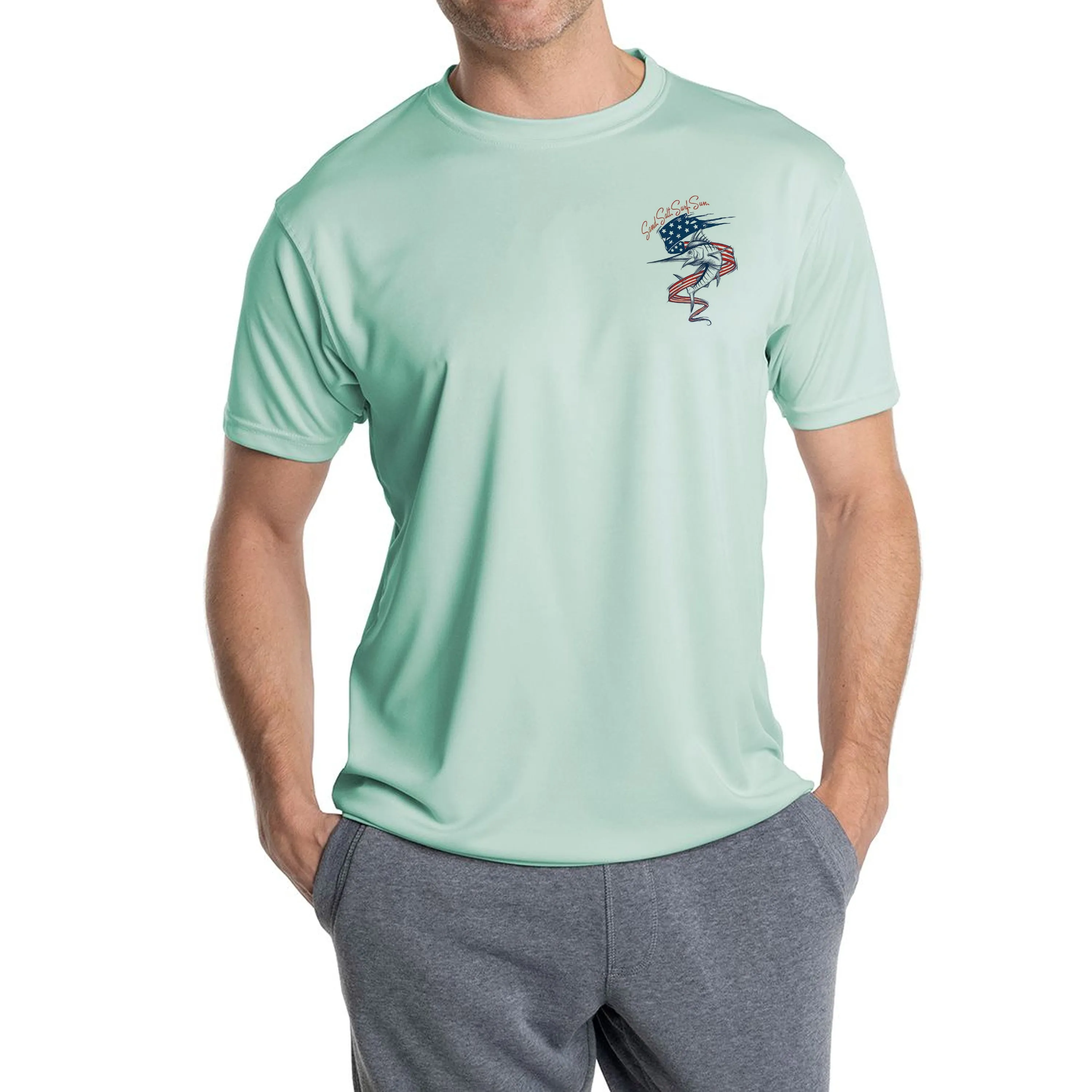 SAND.SALT.SURF.SUN. Marlin Flag Men's UPF 50  UV Sun Protection Performance Short Sleeve T-Shirt