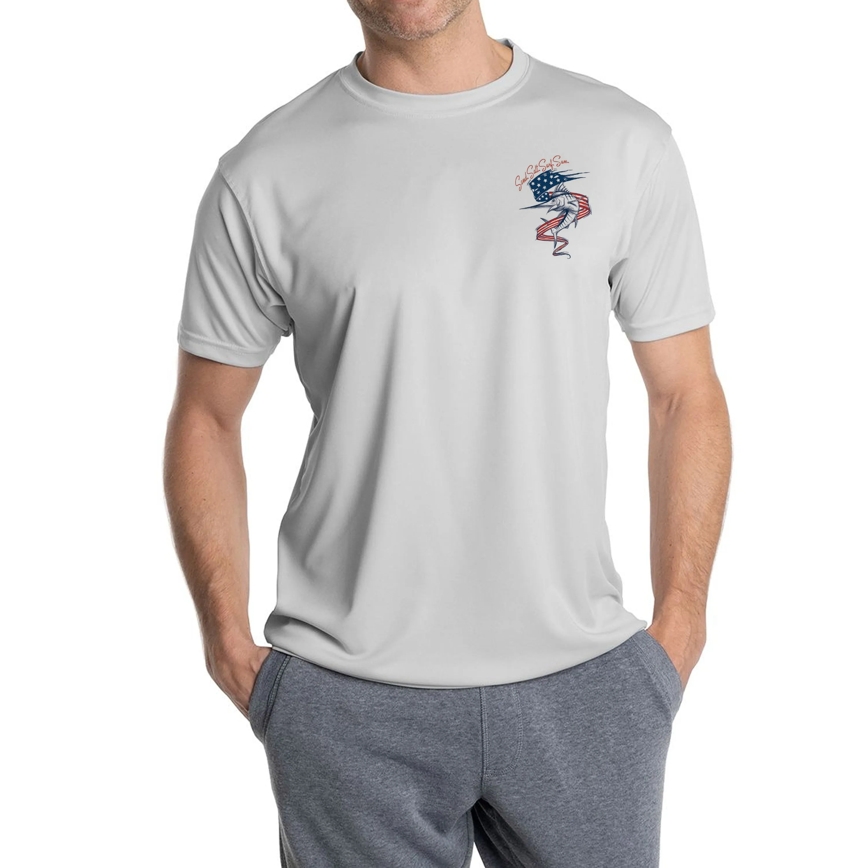 SAND.SALT.SURF.SUN. Marlin Flag Men's UPF 50  UV Sun Protection Performance Short Sleeve T-Shirt