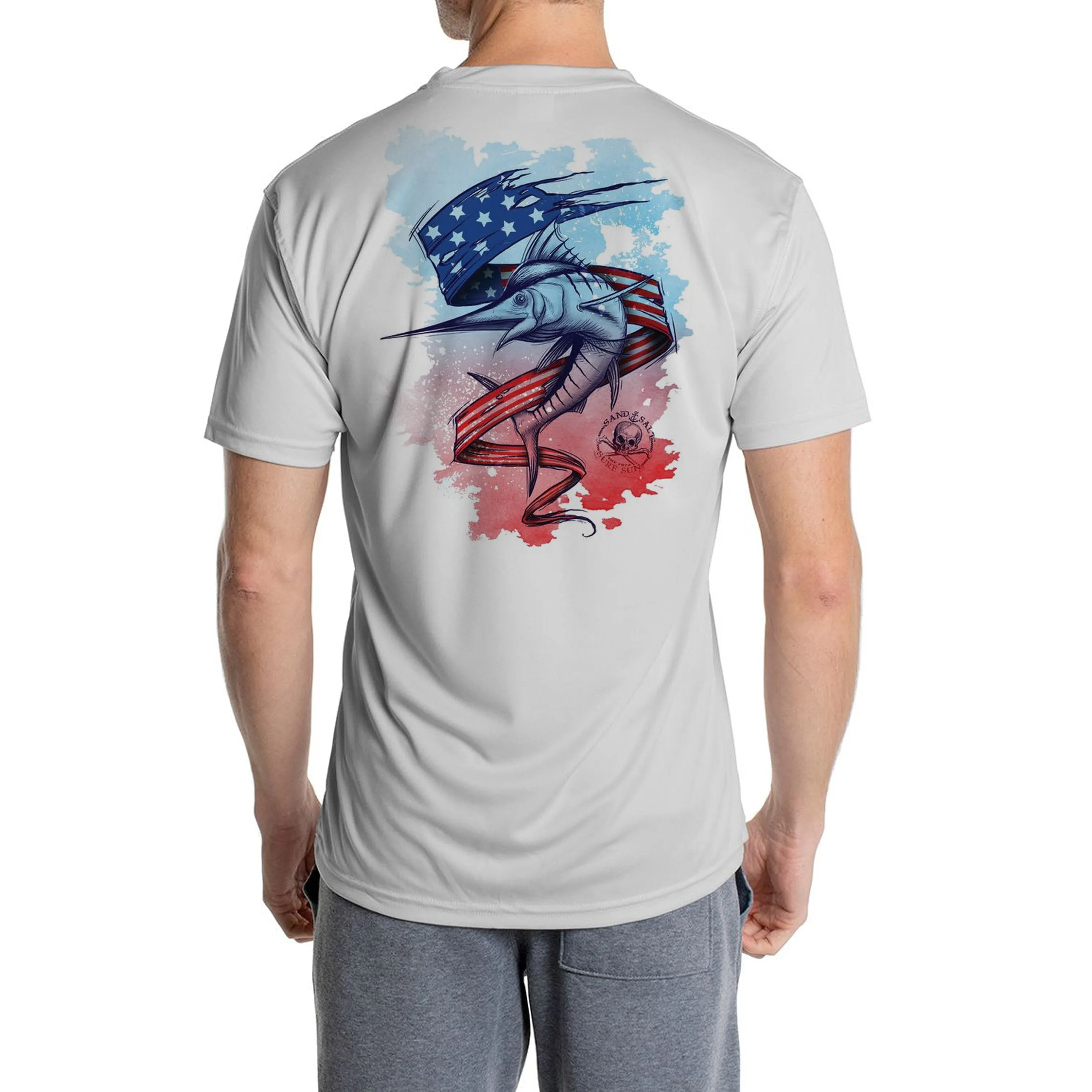 SAND.SALT.SURF.SUN. Marlin Flag Men's UPF 50  UV Sun Protection Performance Short Sleeve T-Shirt