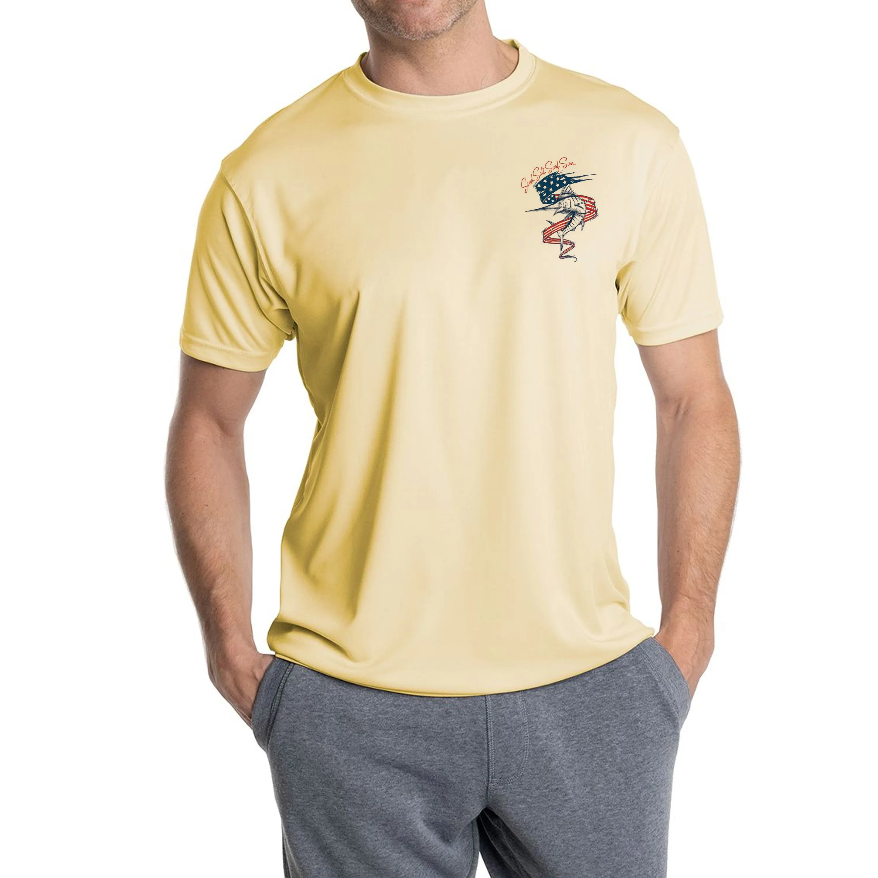 SAND.SALT.SURF.SUN. Marlin Flag Men's UPF 50  UV Sun Protection Performance Short Sleeve T-Shirt