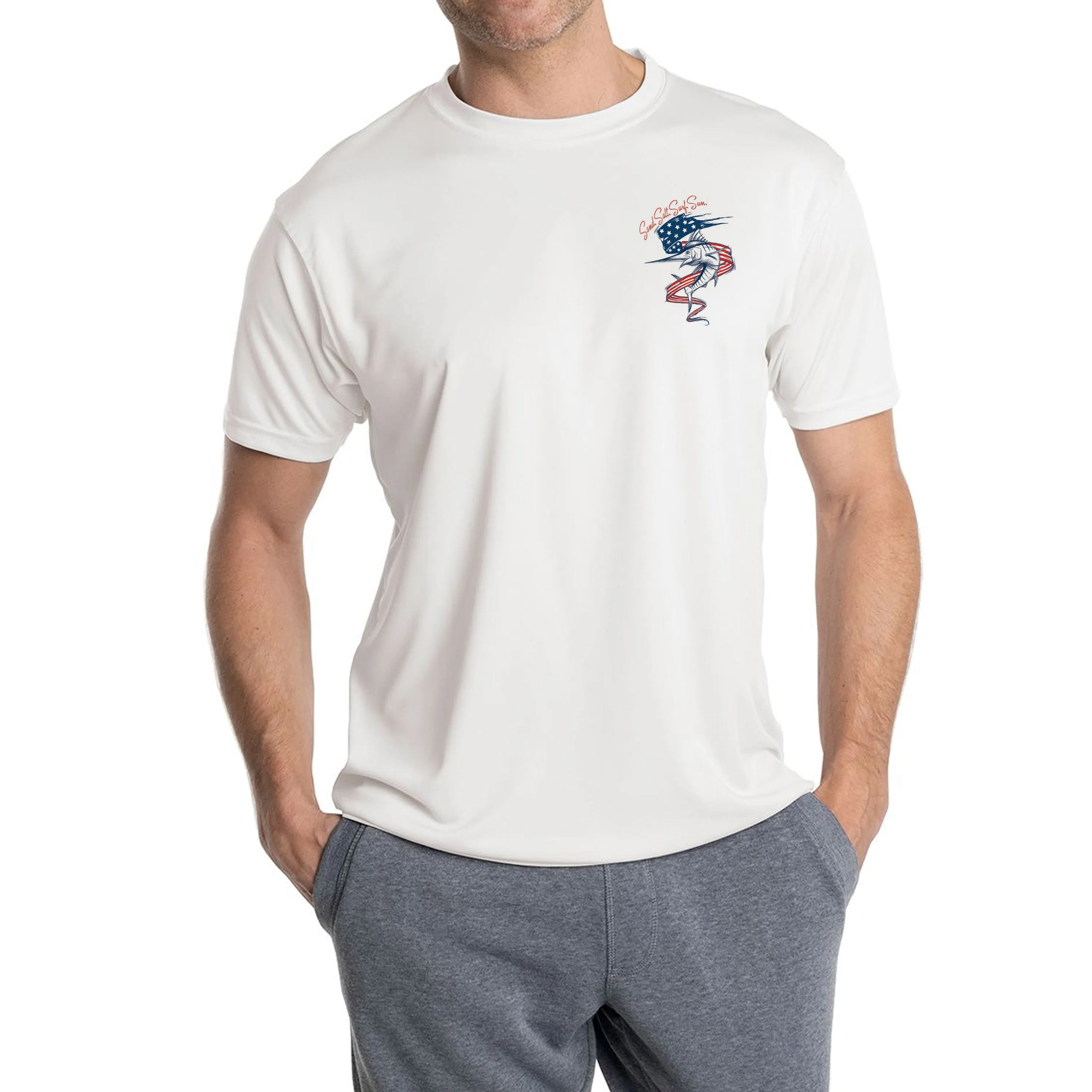 SAND.SALT.SURF.SUN. Marlin Flag Men's UPF 50  UV Sun Protection Performance Short Sleeve T-Shirt