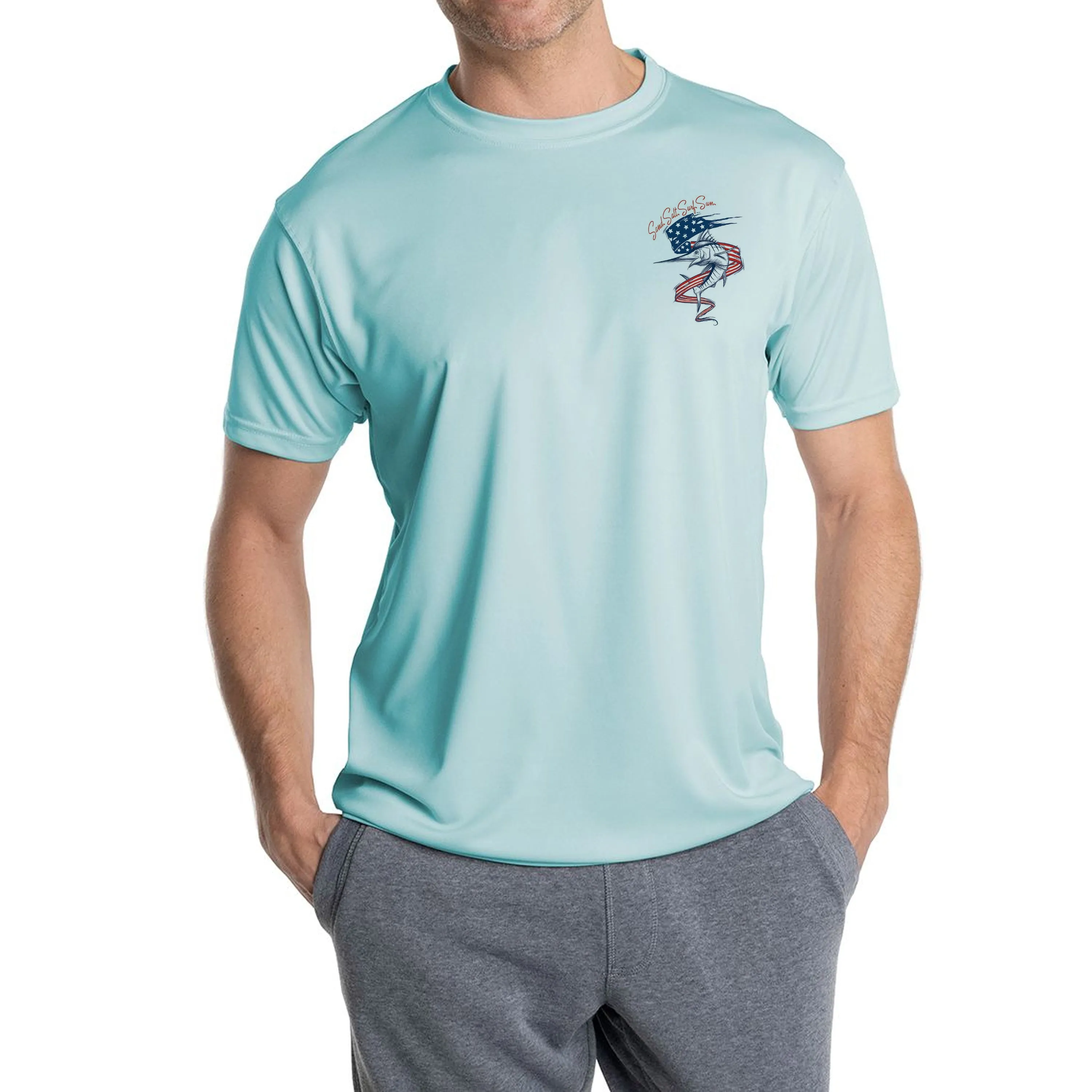 SAND.SALT.SURF.SUN. Marlin Flag Men's UPF 50  UV Sun Protection Performance Short Sleeve T-Shirt