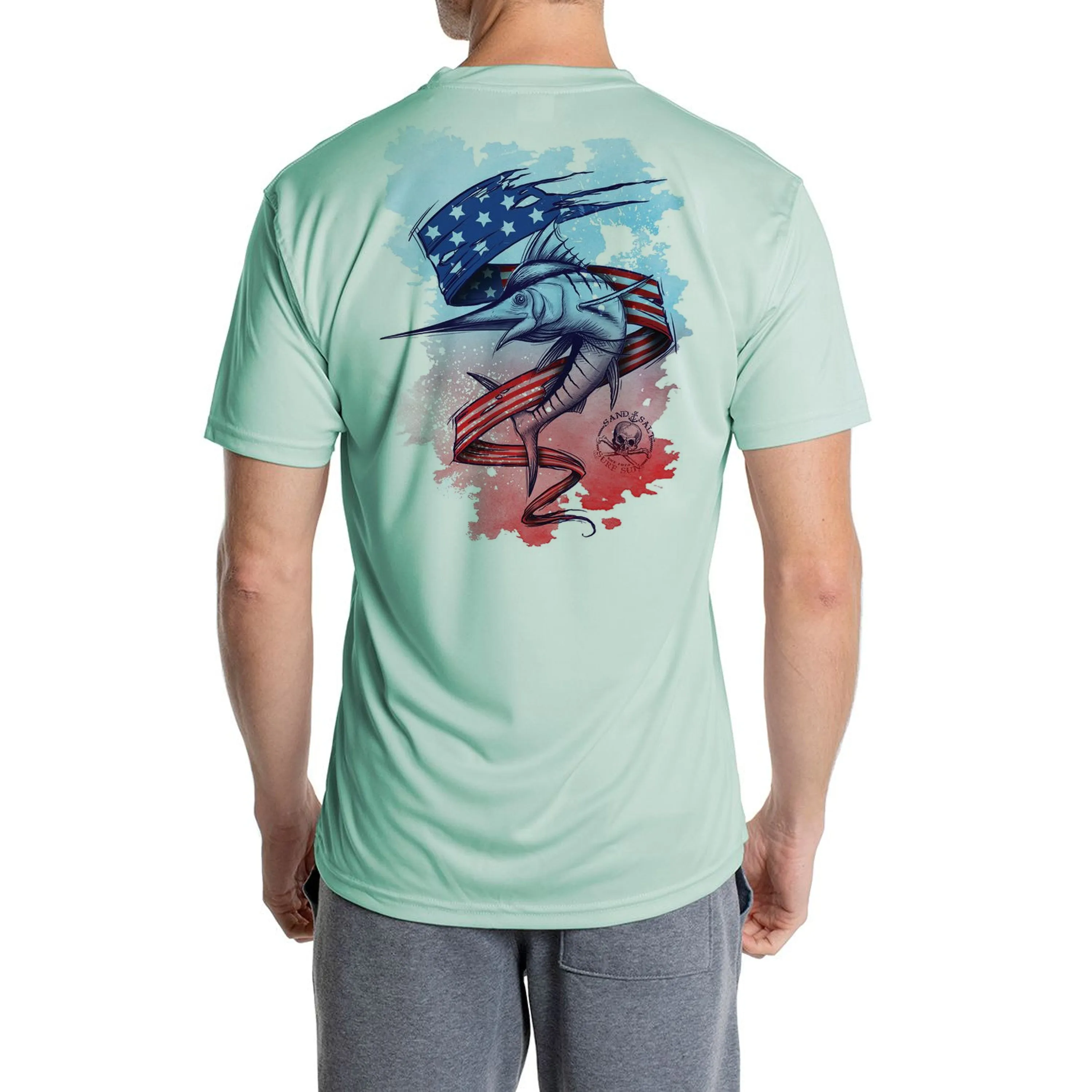 SAND.SALT.SURF.SUN. Marlin Flag Men's UPF 50  UV Sun Protection Performance Short Sleeve T-Shirt