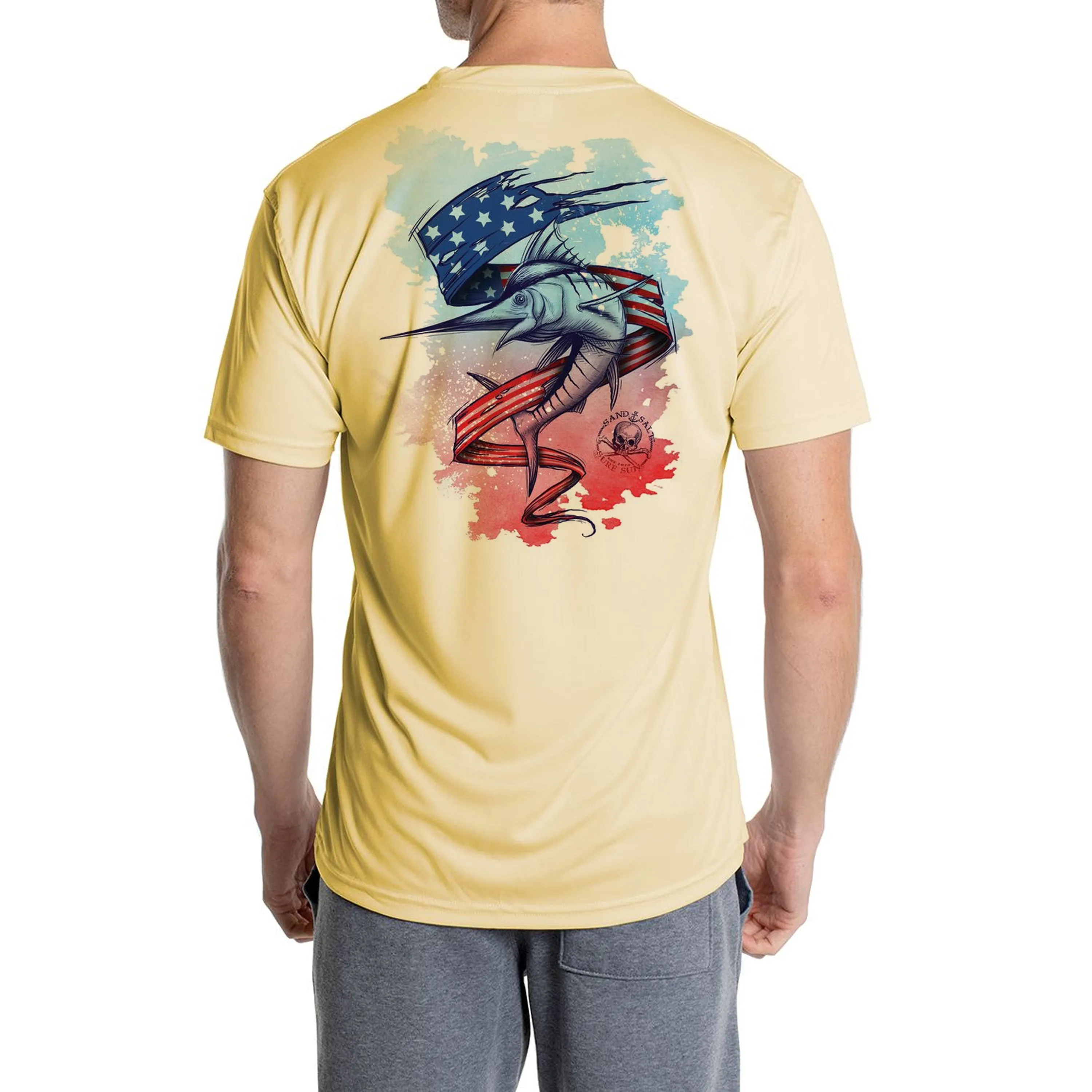 SAND.SALT.SURF.SUN. Marlin Flag Men's UPF 50  UV Sun Protection Performance Short Sleeve T-Shirt