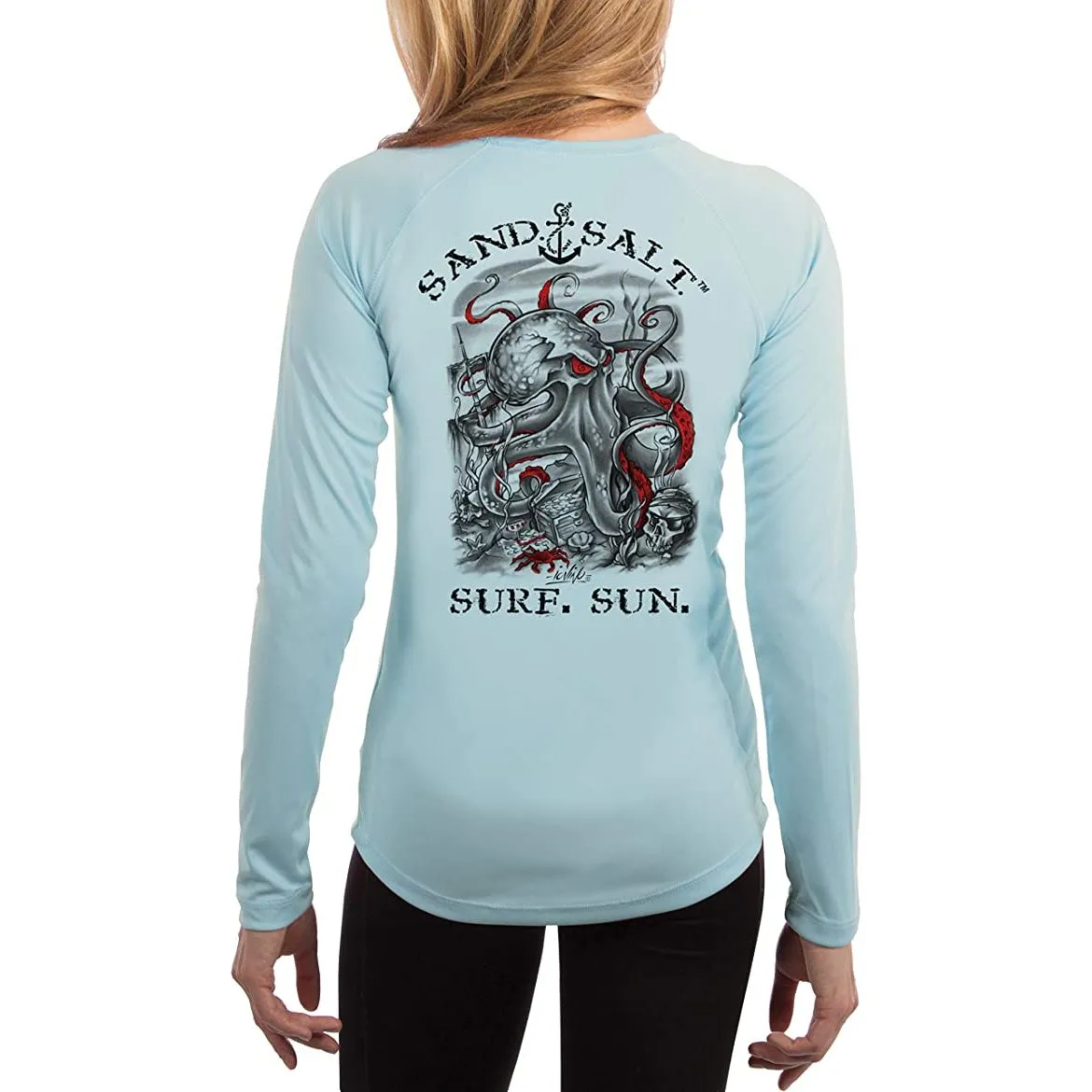SAND.SALT.SURF.SUN. Octopus Treasure Women's UPF 50  UV Sun Protection Performance Long Sleeve T-Shirt
