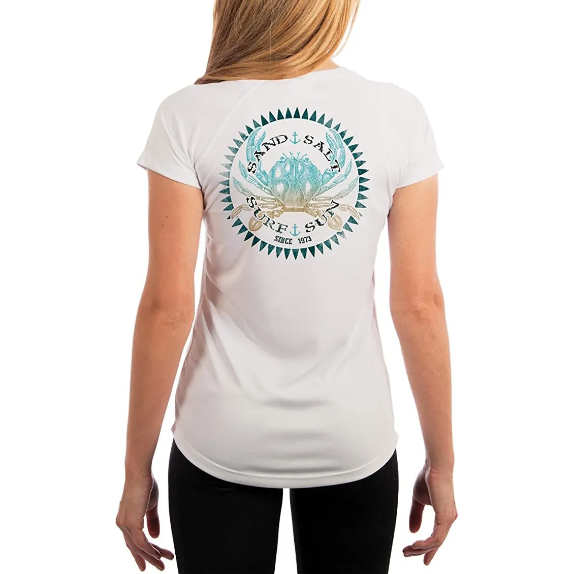 SAND.SALT.SURF.SUN. Vintage Crab Women's UPF 50  UV Sun Protection Performance Short Sleeve T-Shirt
