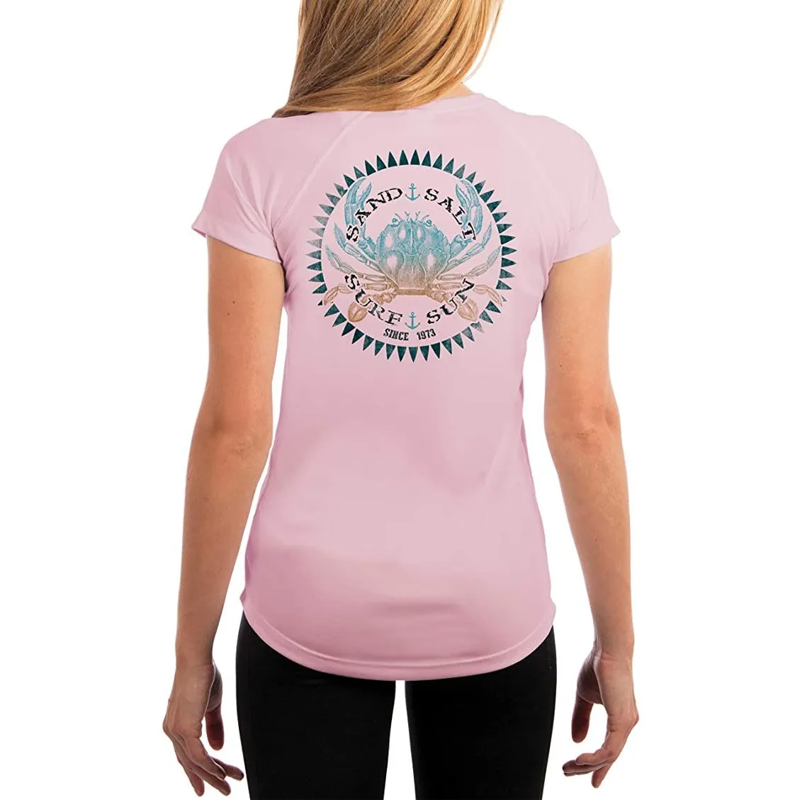 SAND.SALT.SURF.SUN. Vintage Crab Women's UPF 50  UV Sun Protection Performance Short Sleeve T-Shirt