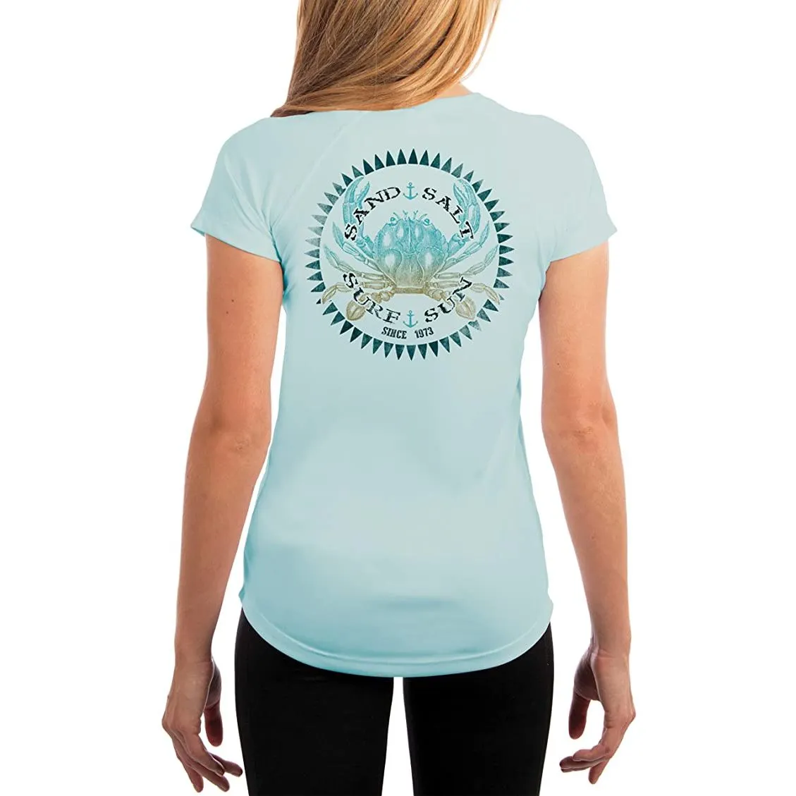 SAND.SALT.SURF.SUN. Vintage Crab Women's UPF 50  UV Sun Protection Performance Short Sleeve T-Shirt