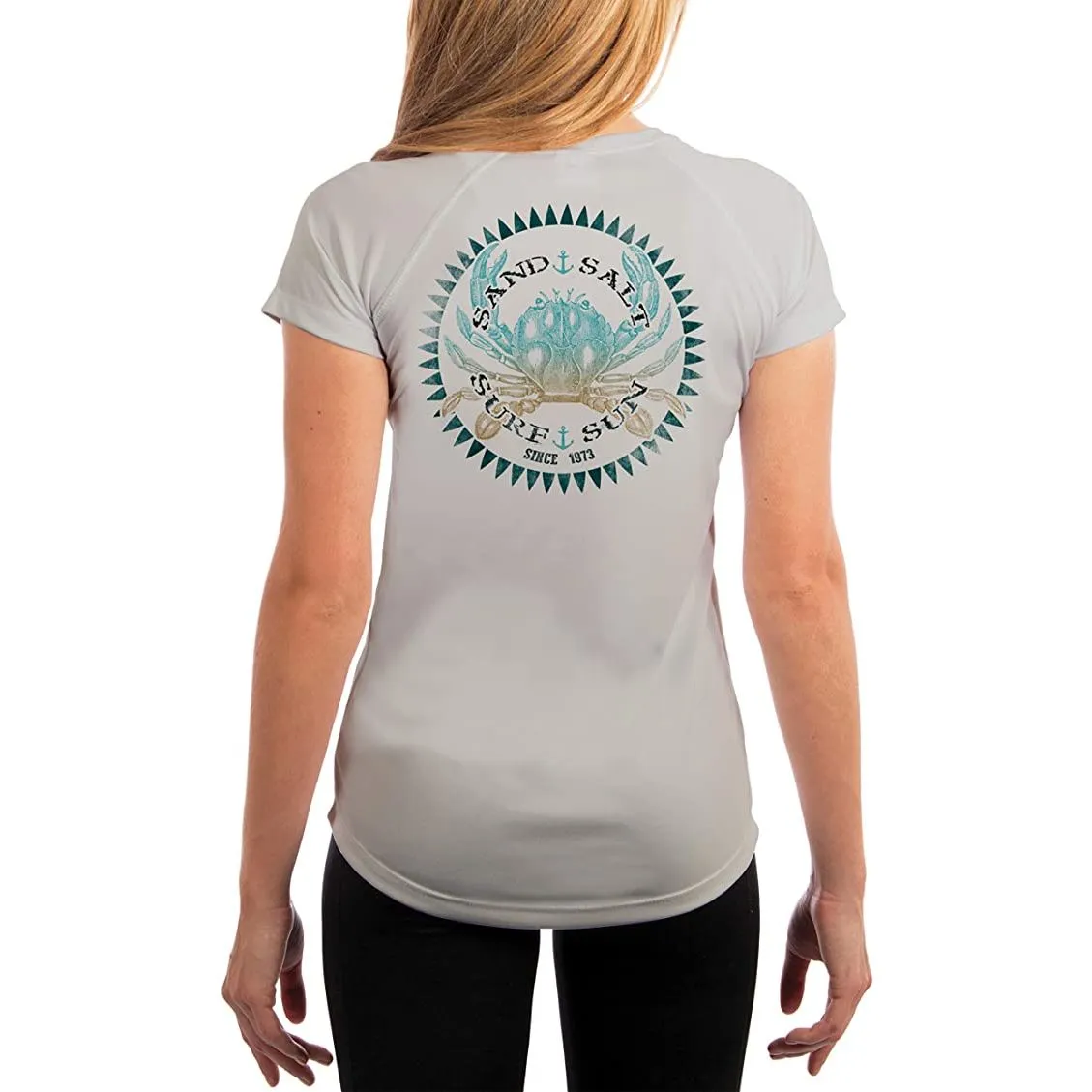 SAND.SALT.SURF.SUN. Vintage Crab Women's UPF 50  UV Sun Protection Performance Short Sleeve T-Shirt