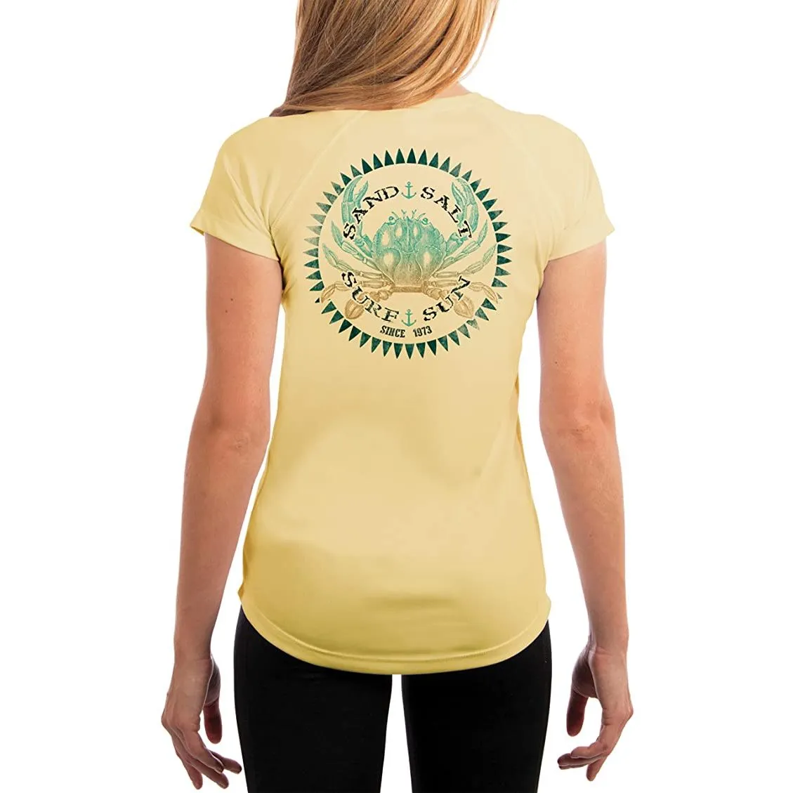 SAND.SALT.SURF.SUN. Vintage Crab Women's UPF 50  UV Sun Protection Performance Short Sleeve T-Shirt