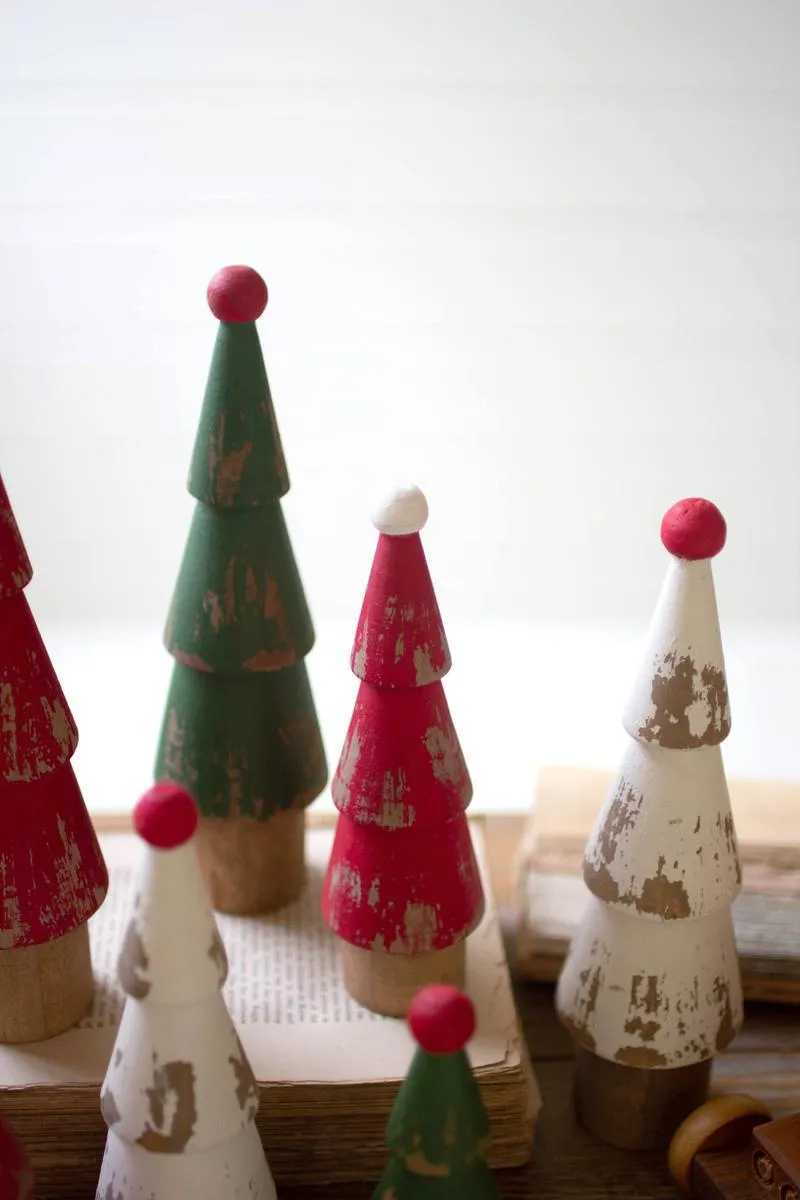 Set of 9 Turned Wood Painted Christmas Trees