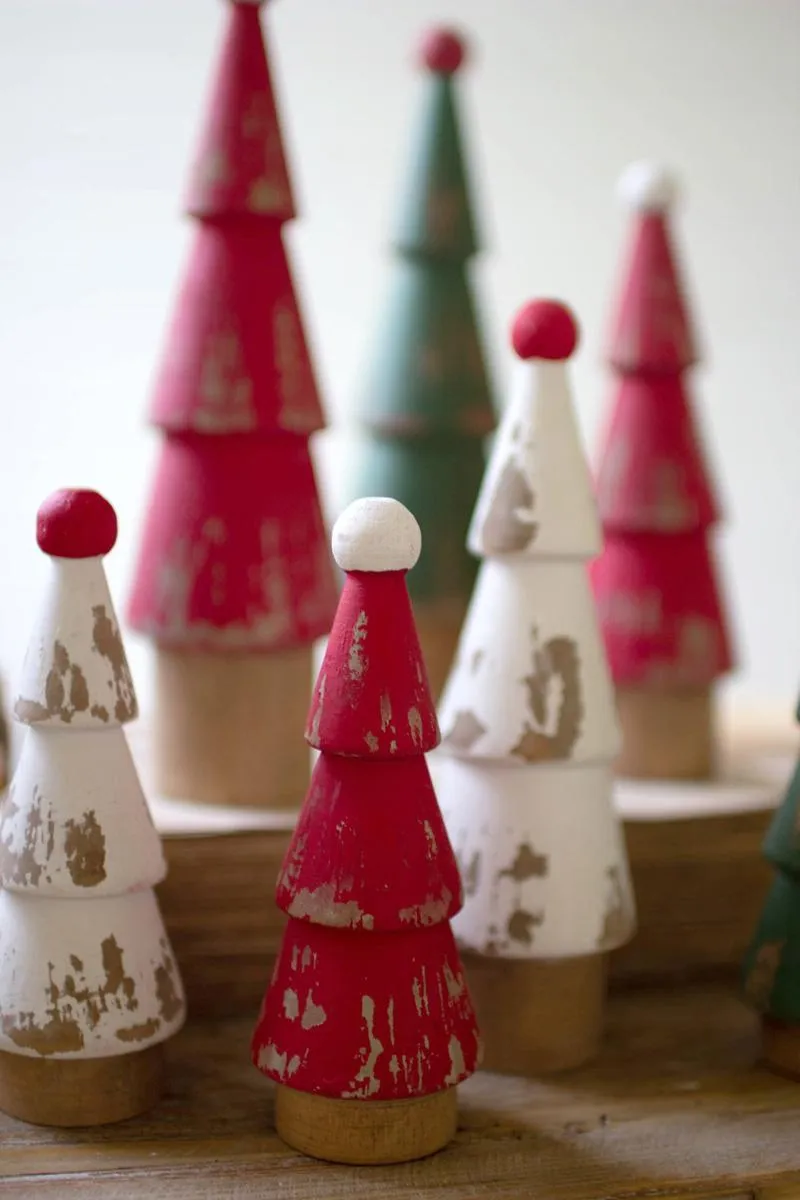 Set of 9 Turned Wood Painted Christmas Trees