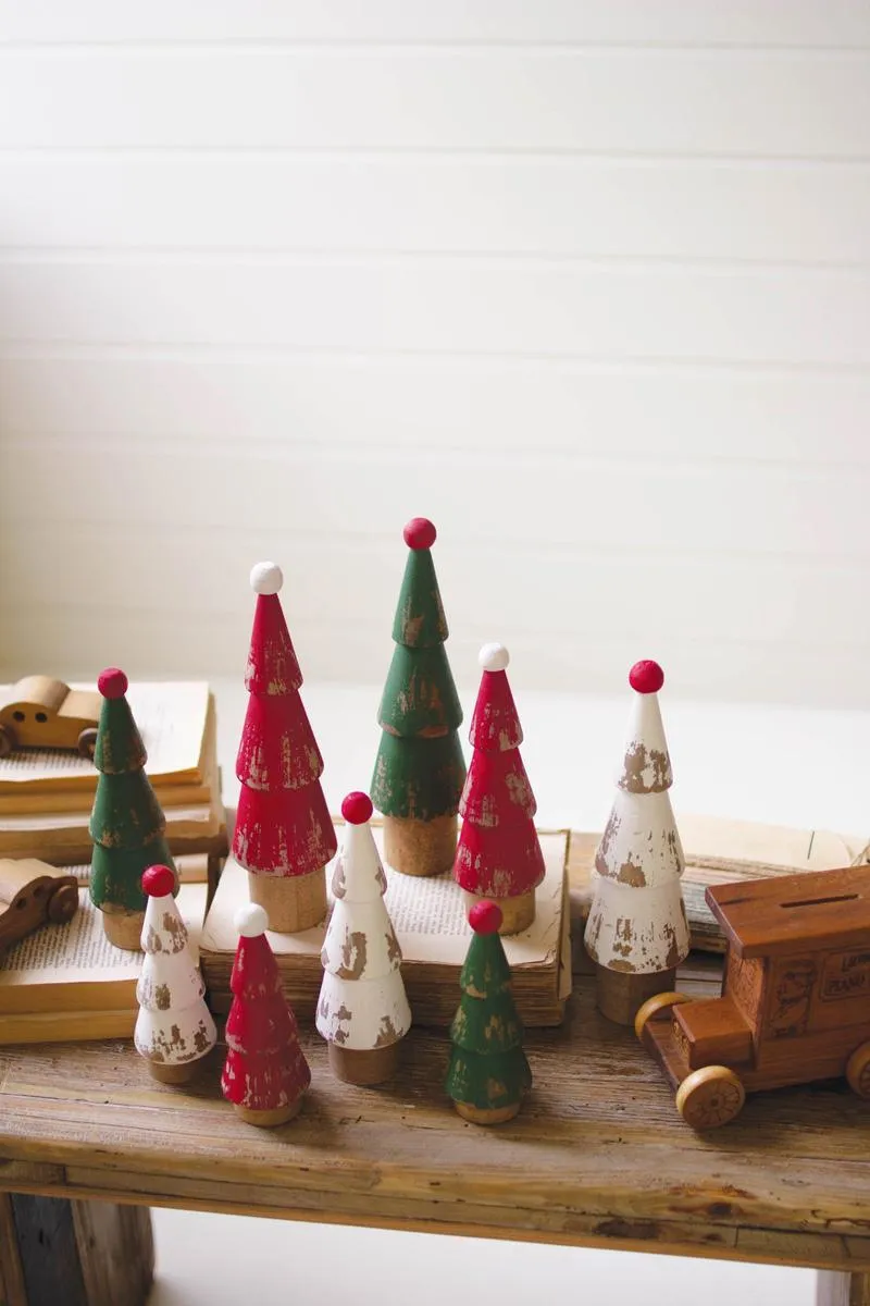 Set of 9 Turned Wood Painted Christmas Trees