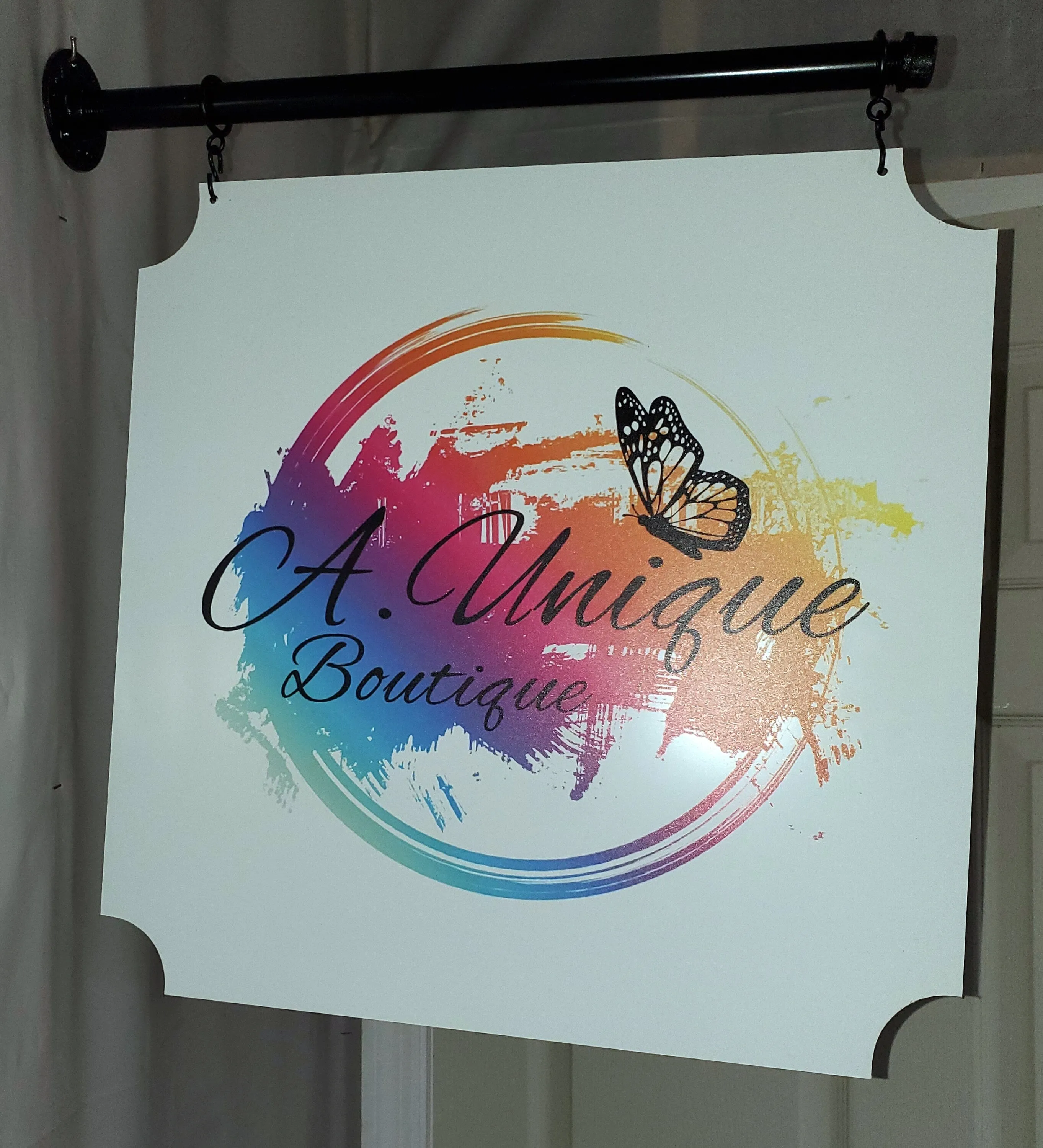Sign- 16" Wide Personalized Sign- 2-Sided Indoor/Outdoor Metal Sign with black 18" Pipe Bracket- Custom Business Sign & Decor