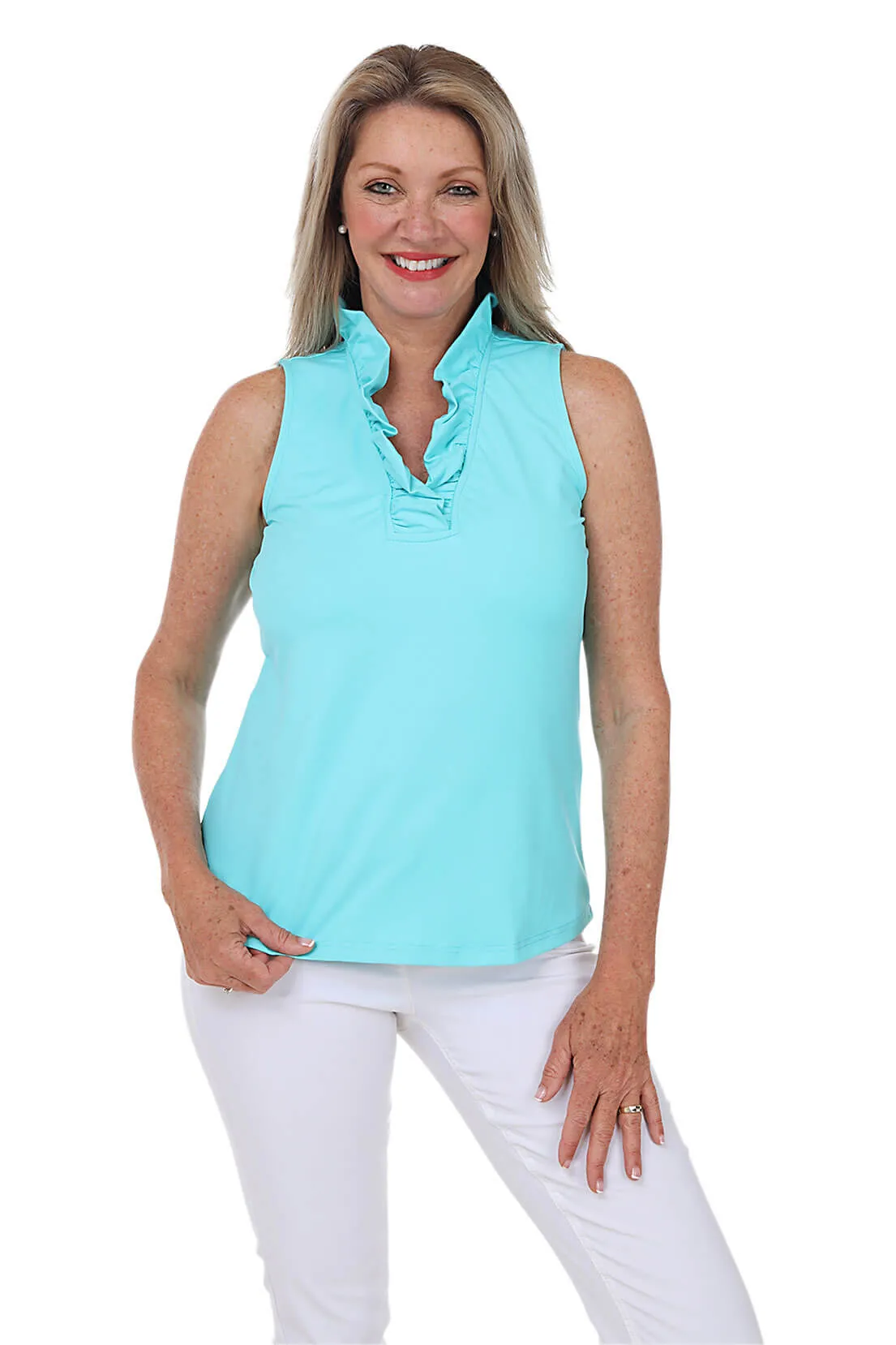 Solid UPF50  Ruffle Sleeveless Top
