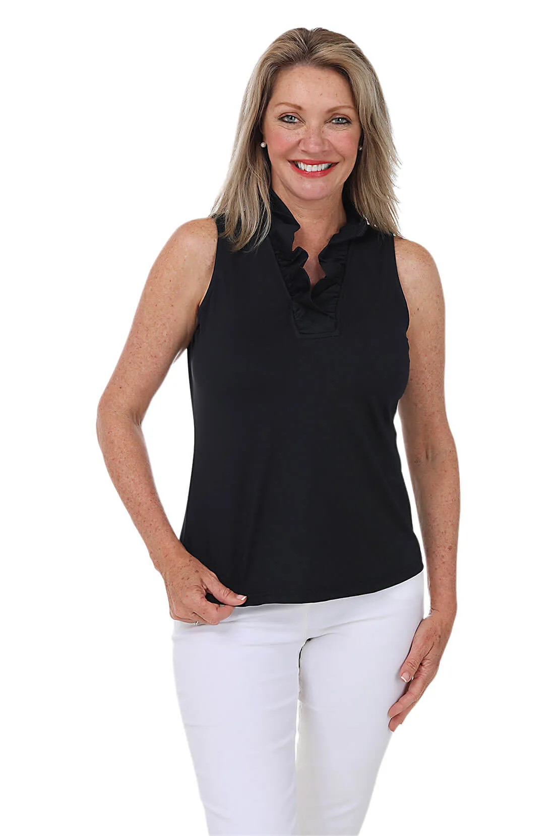 Solid UPF50  Ruffle Sleeveless Top