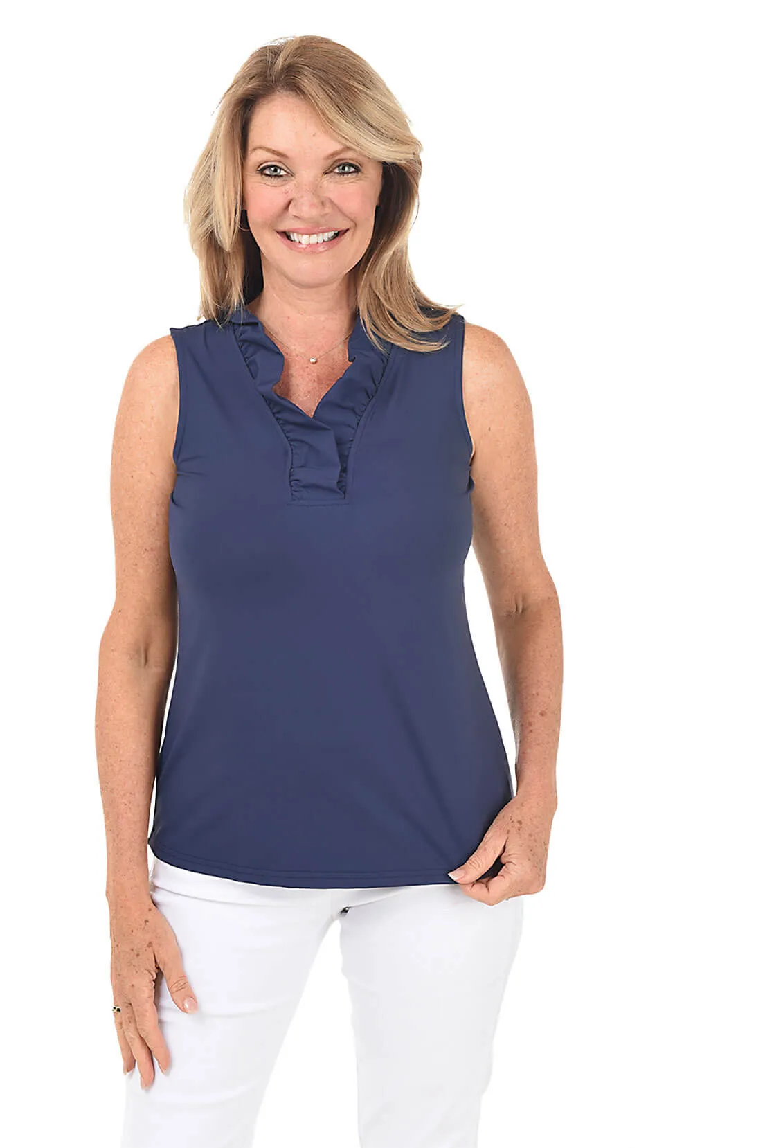 Solid UPF50  Ruffle Sleeveless Top