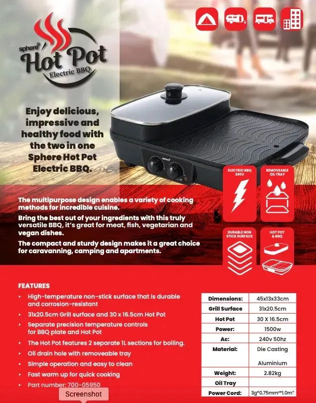 Sphere Hot Pot Electric BBQ 240volt Combo Skillet