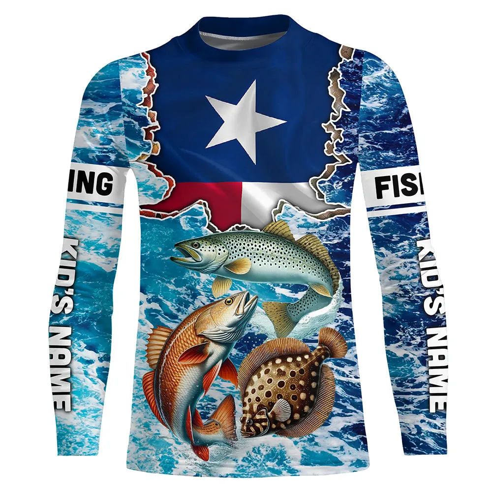Texas Flag Redfish, trout, flounder inshore blue camo custom Kid long sleeves fishing shirts NQS5464