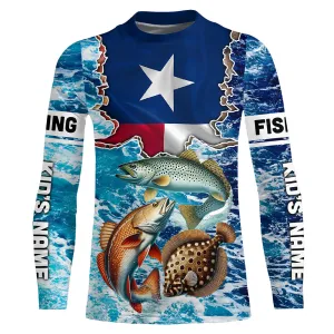 Texas Flag Redfish, trout, flounder inshore blue camo custom Kid long sleeves fishing shirts NQS5464