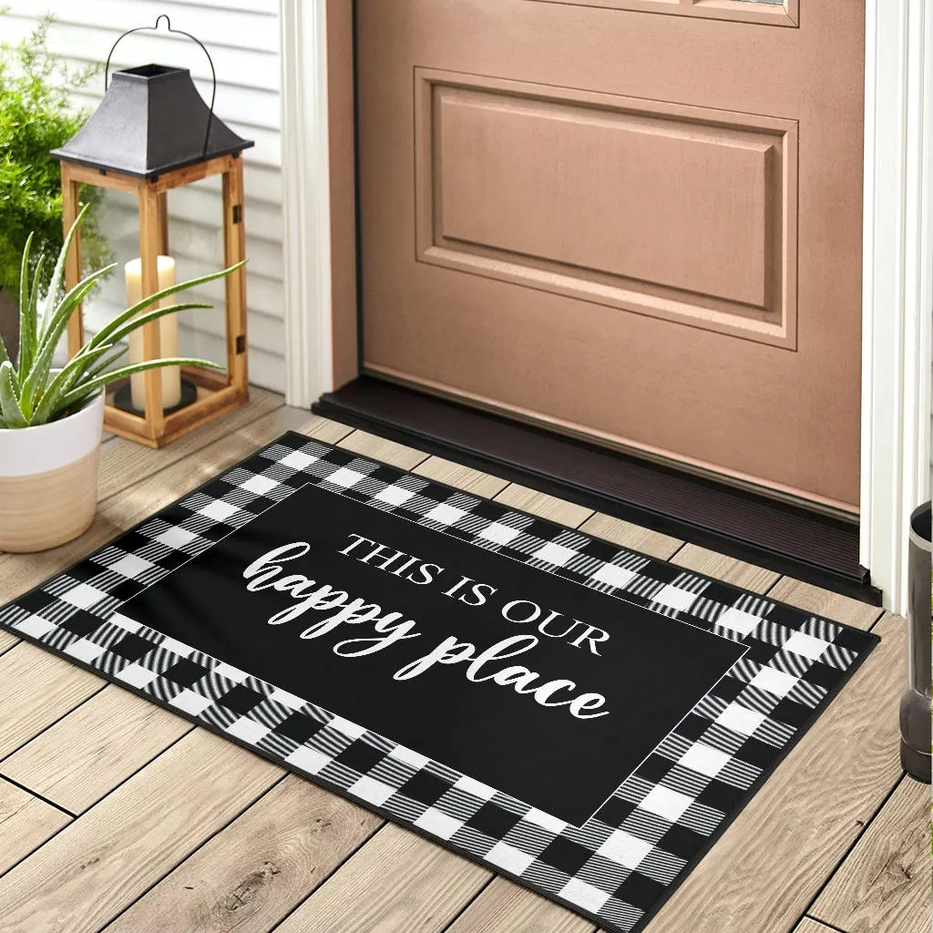 This is our happy place black and white buffalo plaid door mat