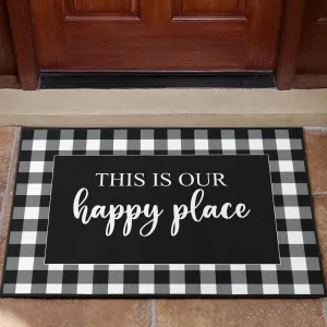 This is our happy place black and white buffalo plaid door mat