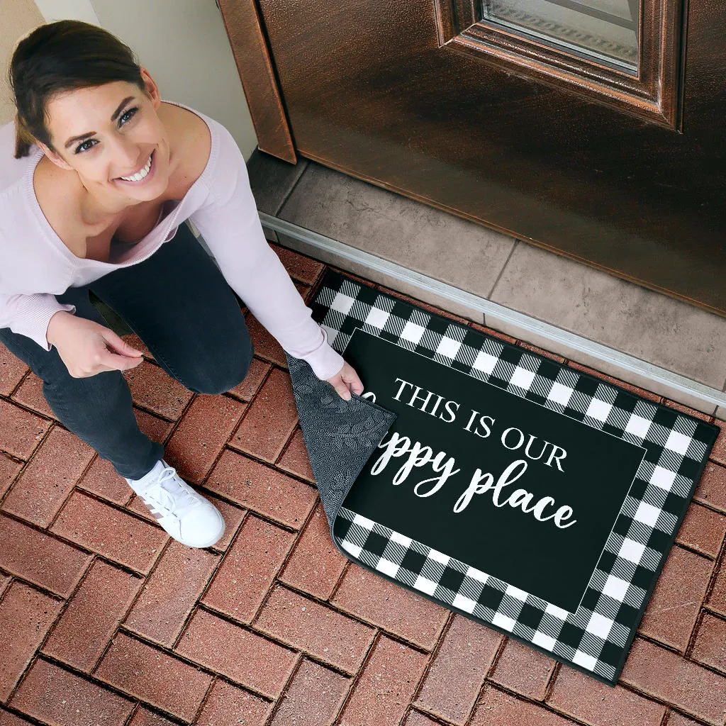 This is our happy place black and white buffalo plaid door mat